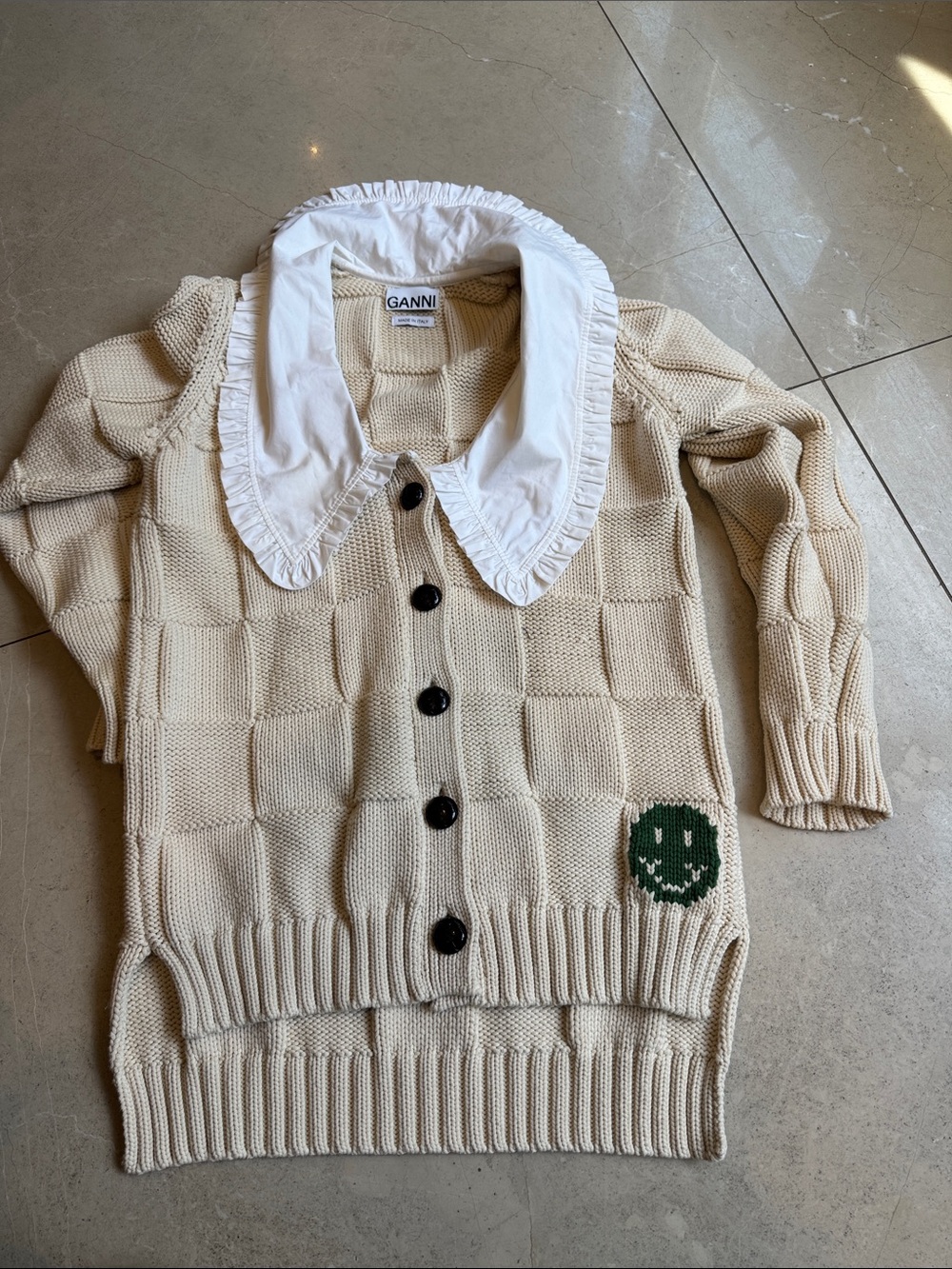 Ganni Cream Knit Cardigan with White Ruffled Collar & Green Smiley Patch